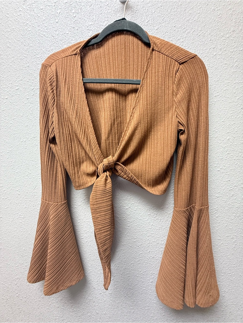 SHEIN Ribbed Tie-Front Crop Top in Camel